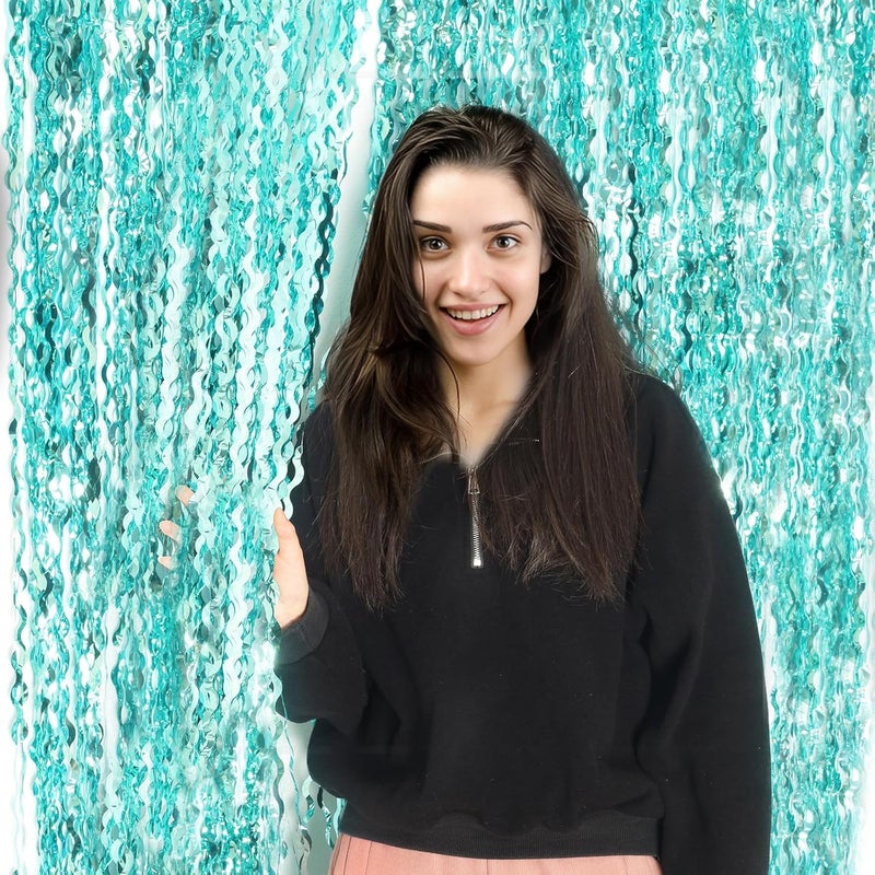 KEEUH 4 Pack 3.3 ft x 6.6 ft Wavy Aqua Teal Blue Tinsel Foil Fringe Curtains Backdrop - Wave Metallic Foil Curtains for Wedding Girl Princess Bachelorette Euphoria Theme Party Decoration - Image 3